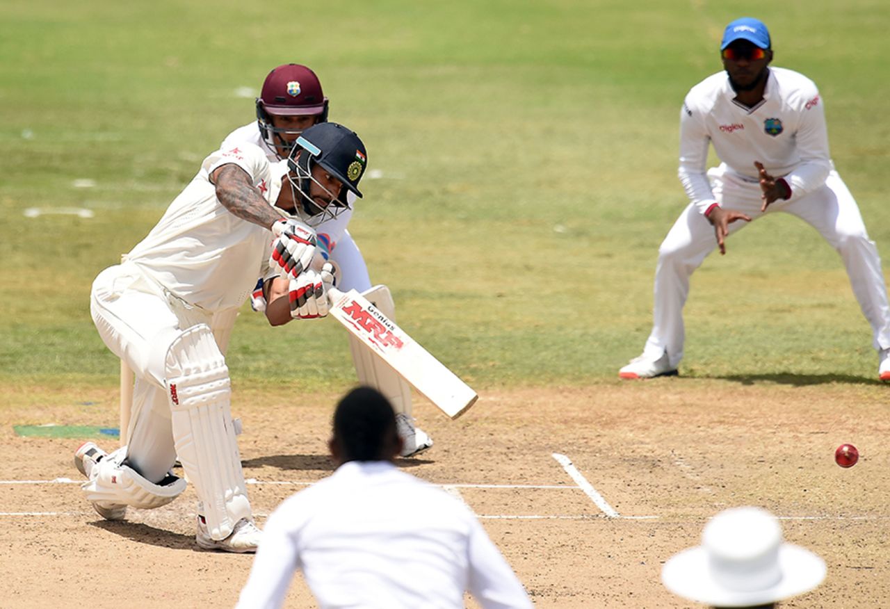 Shikhar Dhawan looks to drive through the off side, WICB President's XI v Indians, tour match, 1st day, Basseterre, July 9, 2016