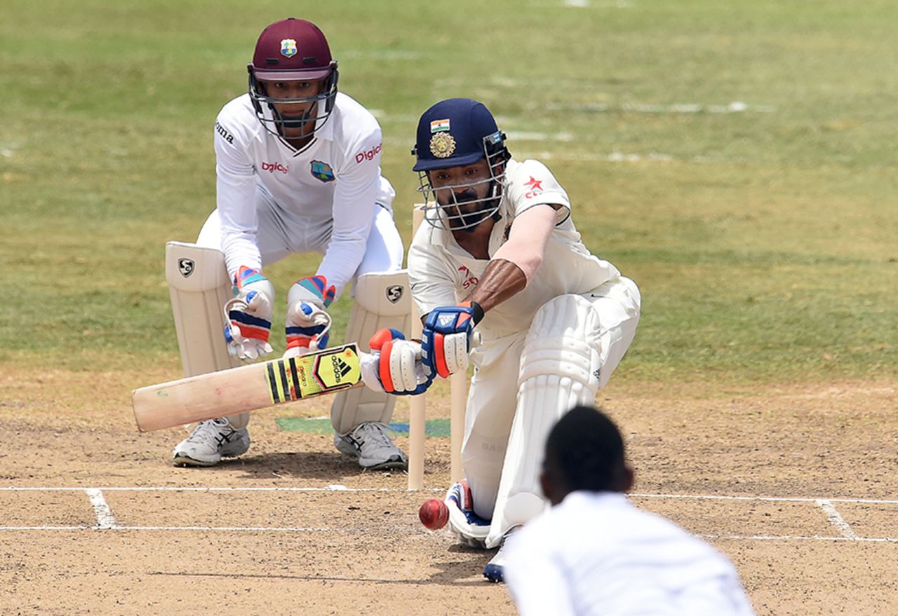 KL Rahul shapes up to play a sweep shot, WICB President's XI v Indians, tour match, 1st day, Basseterre, July 9, 2016