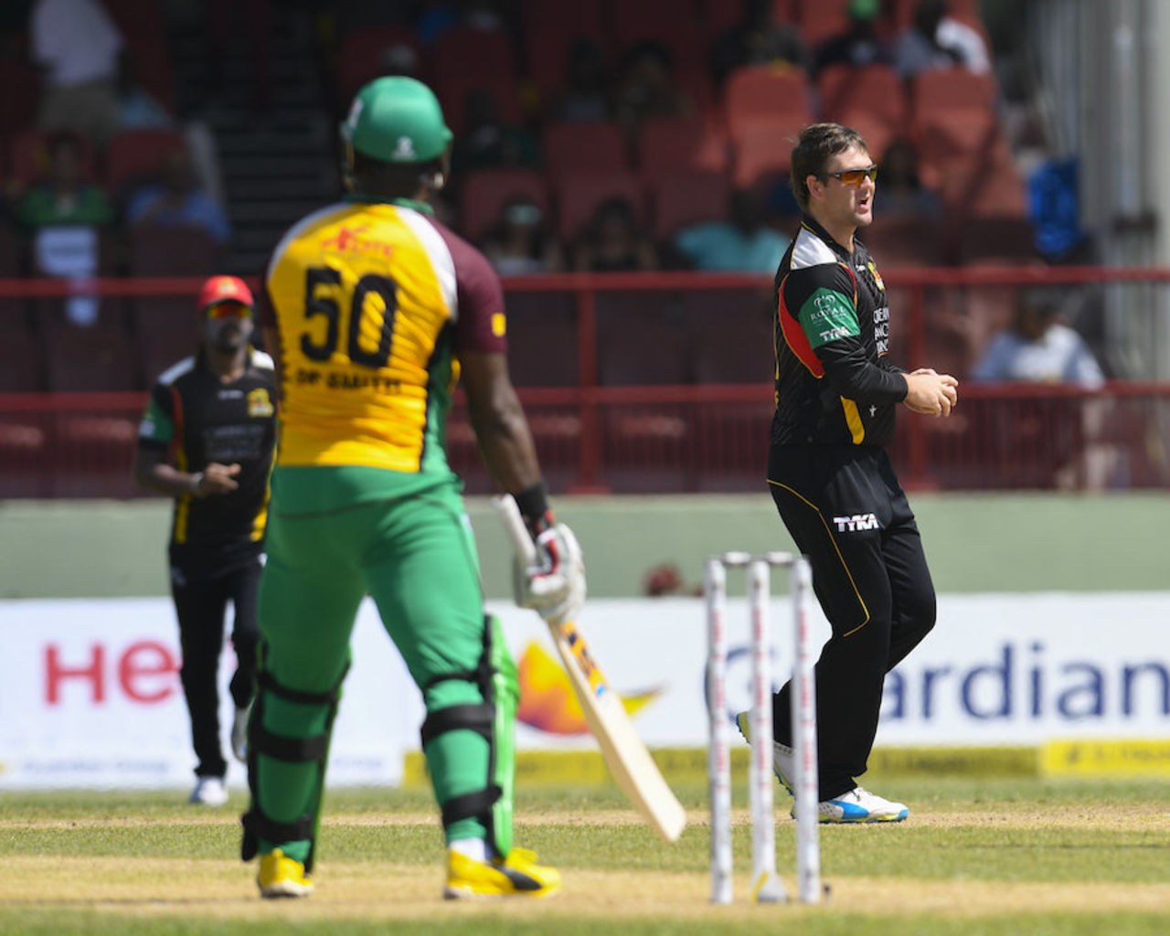 JJ Smuts took a return catch to dismiss Dwayne Smith cheaply, Guyana Amazon Warriors v St Kitts and Nevis Patriots, CPL 2016, Providence, July 9, 2016