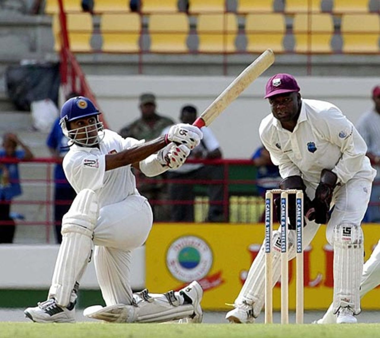 Mahela Jayawardene sweeps to leg, West Indies v Sri Lanka, 1st Test, St Lucia, 1st day, June 20, 2003