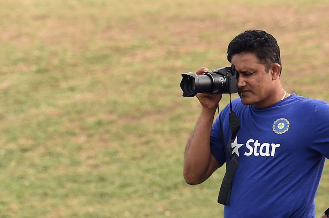 India coach Anil Kumble takes pictures during the warm-up match, WICB President's XI v Indians, Day 2, St Kitts, July 10, 2016
