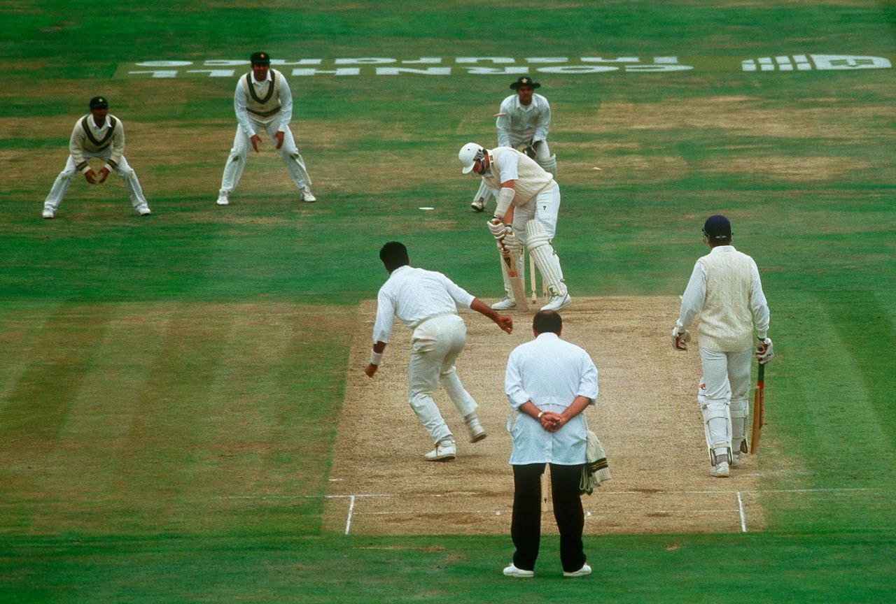 Graeme Hick is bowled by Waqar Younis, England v Pakistan, fourth  Test, Headingley, July 25, 1992