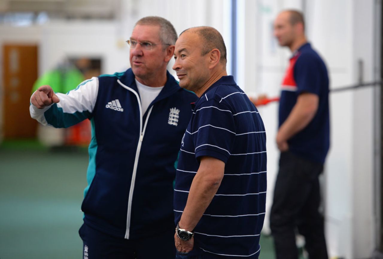 Trevor Bayliss chats with fellow Australian and England rugby coach Eddie Jones, Lord's, July 12, 2016
