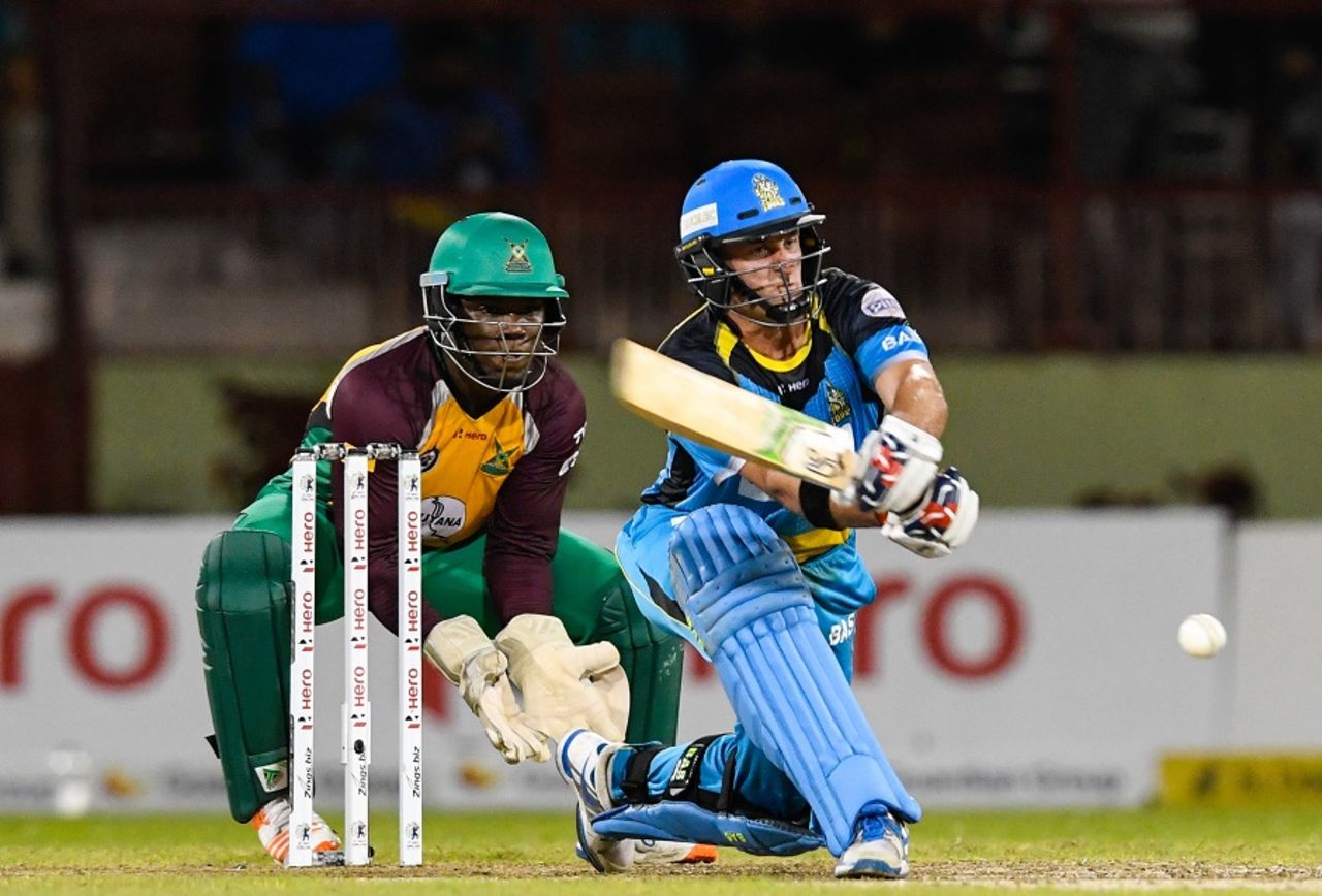 Michael Hussey shapes to reverse sweep, Guyana Amazon Warriors v St Lucia Zouks, CPL 2016, Guyana, July 12, 2016