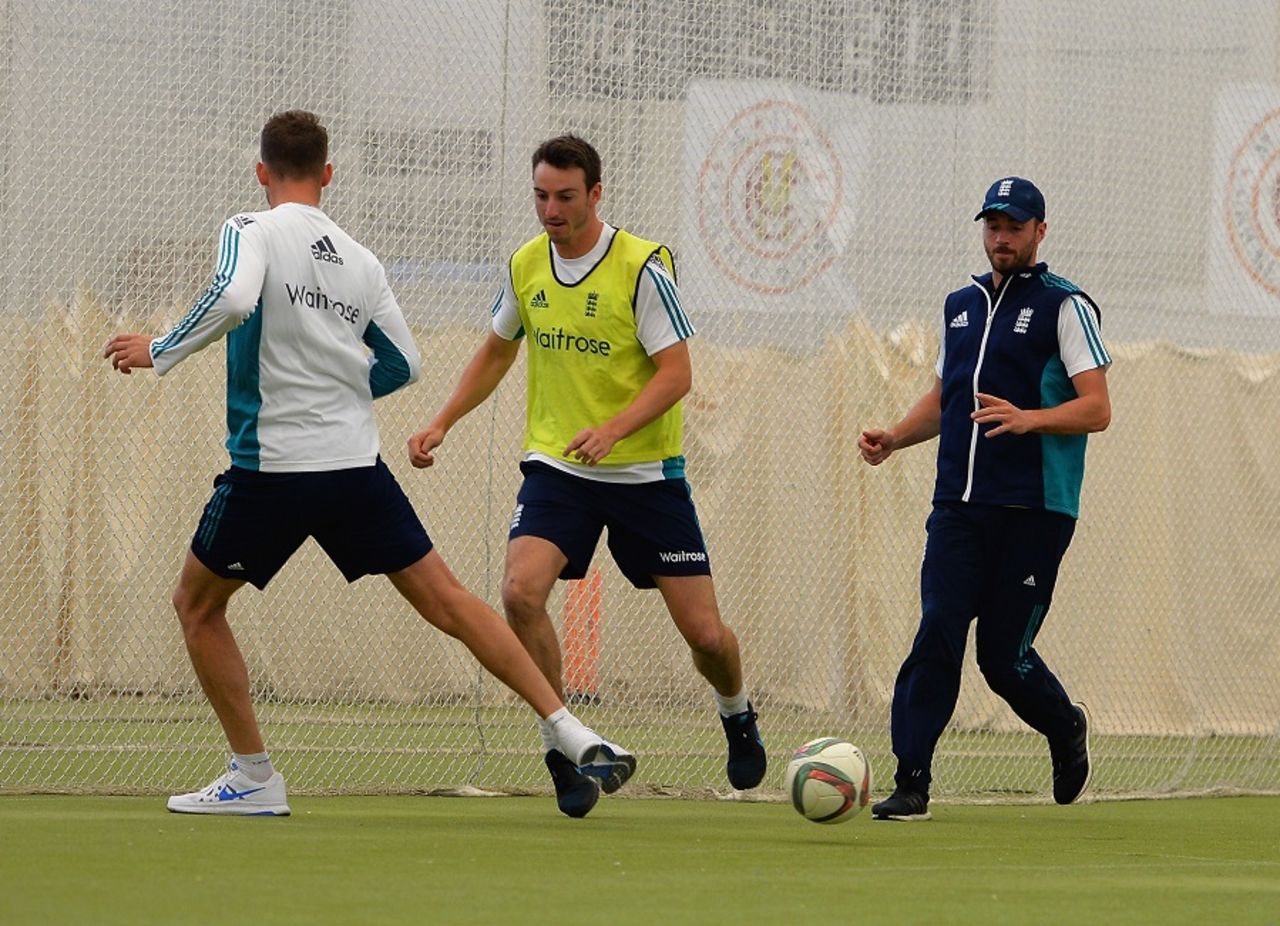 Toby Roland-Jones and James Vince engage in some football during training, Lord's, July 12, 2016