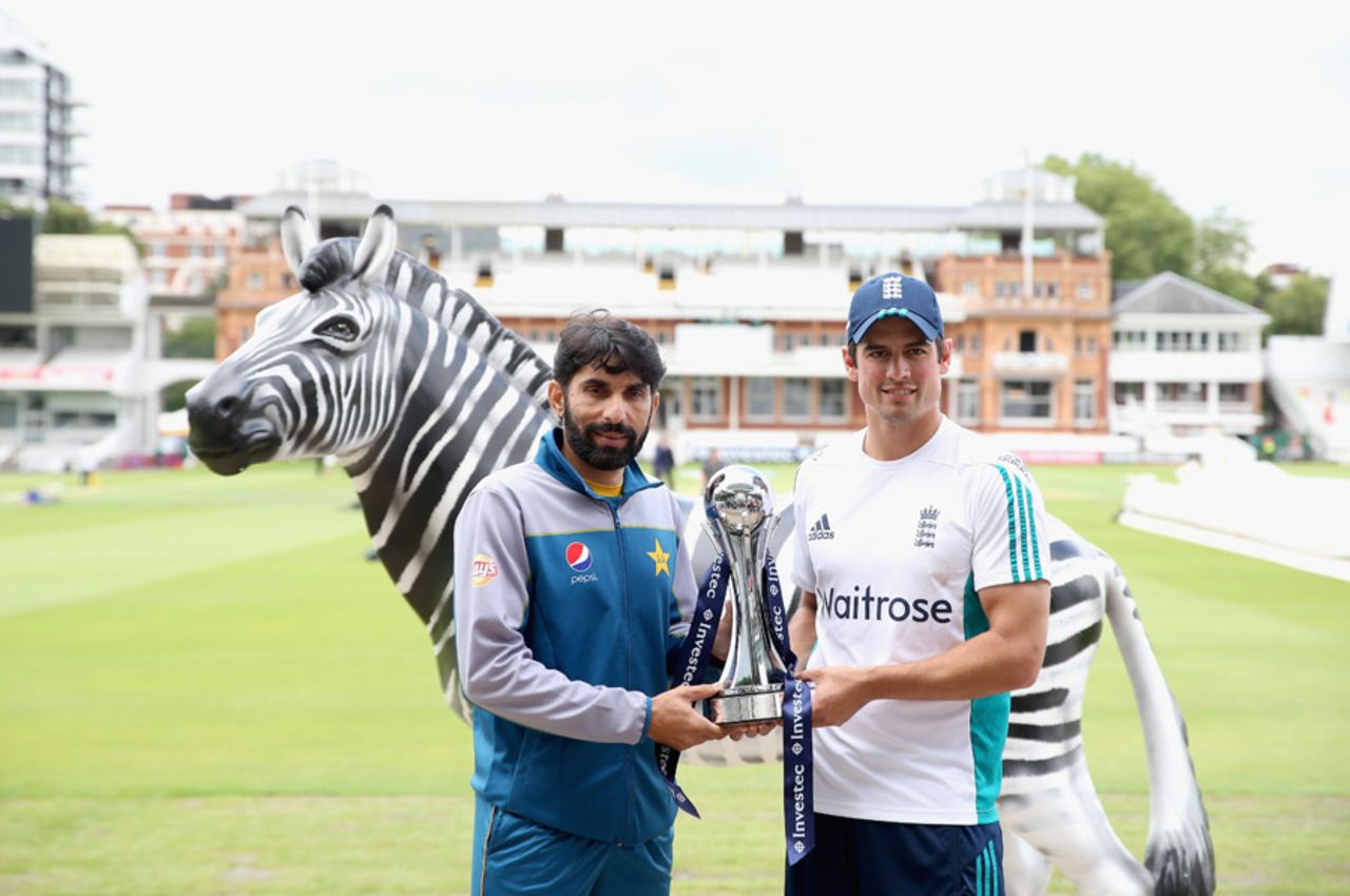 Alastair Cook and Misbah ul-Haq pose with the Investec trophy on the eve of the first Test, Lord's, July 13, 2016