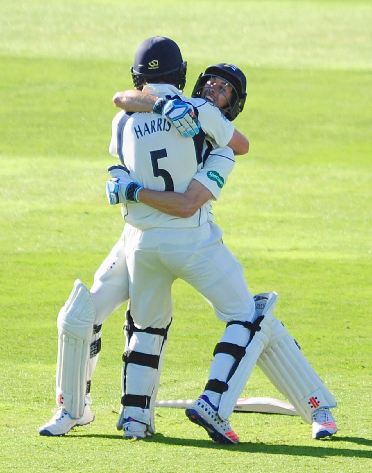 John Simpson and James Harris embrace after victory, Somerset v Middlesex, Specsavers Championship Division One, Taunton, 4th day
