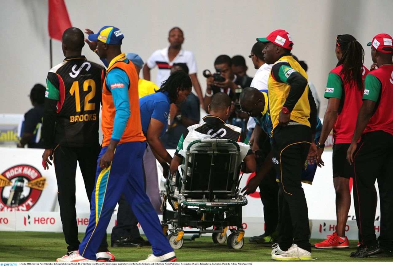 Kieran Powell was stretchered off the field after a nasty collision with JJ Smuts, Barbados Tridents v St Kitts and Nevis Patriots, CPL 2016, Barbados, July 13, 2016
