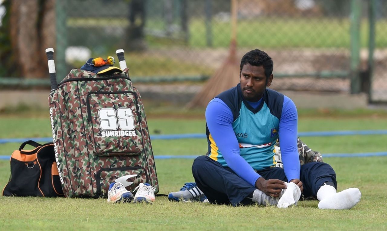 Angelo Mathews takes a breather during training, Colombo, July 15, 2016