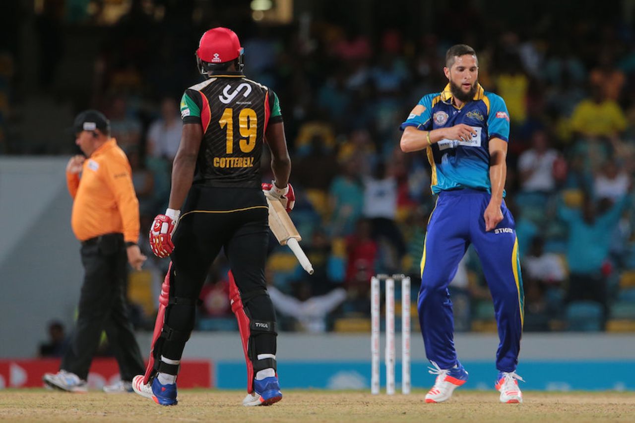 Wayne Parnell lets out his emotions after bowling Sheldon Cottrell, Barbados Tridents v St Kitts and Nevis Patriots, CPL 2016, Barbados, July 13, 2016