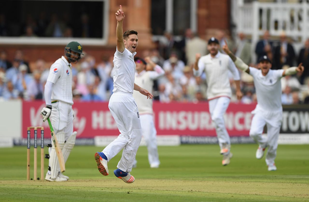 Chris Woakes struck in his second over to remove Shan Masood, England v Pakistan, 1st Investec Test, Lord's, 1st day, July 14, 2016