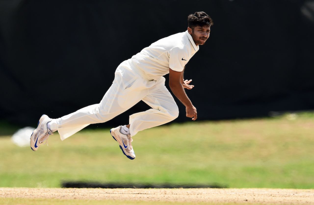 Shardul Thakur bowls on the first day of the warm-up match, WICB President's XI v Indians, Basseterre, 1st day, July 14, 2016