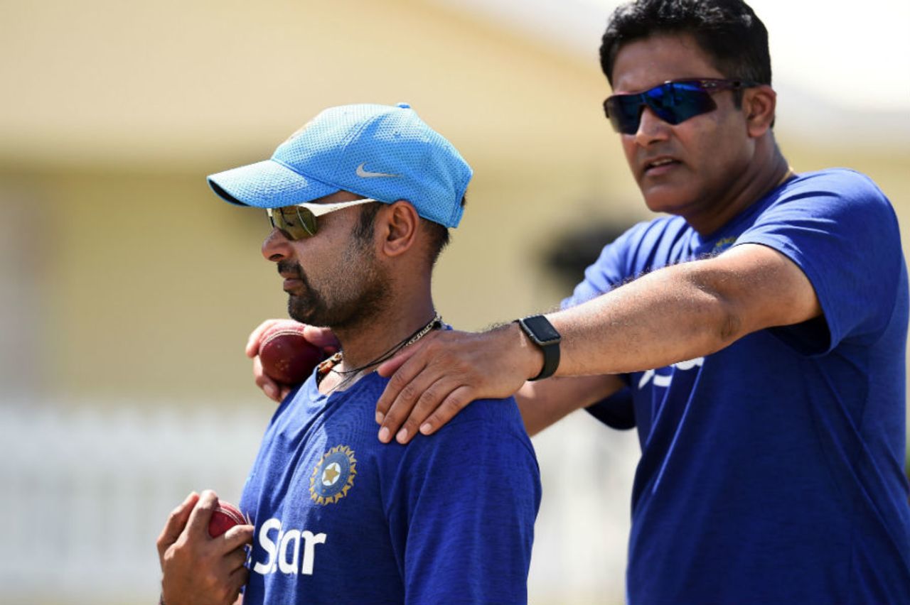 Anil Kumble and Amit Mishra at a training session before start of play, WICB President's XI v Indians, Basseterre, 1st day, July 14, 2016