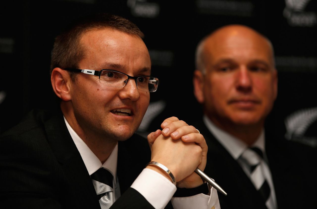 New New Zealand coach Mike Hesson talks to the press. NZC cheif executive David White sits next to him , Auckland, July 20, 2012