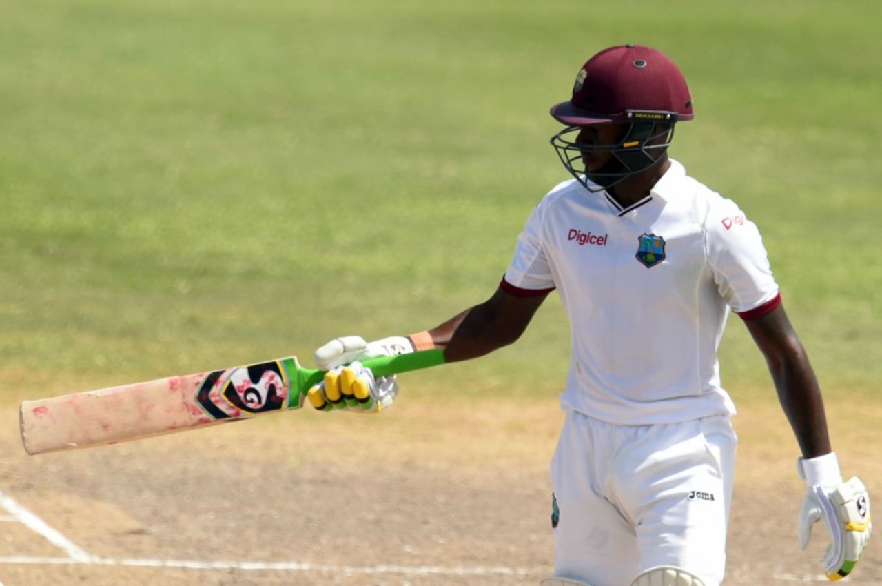 Jermaine Blackwood raises his bat after reaching his half-century, WICB President's XI v Indians, Basseterre, 3rd day, July 16, 2016