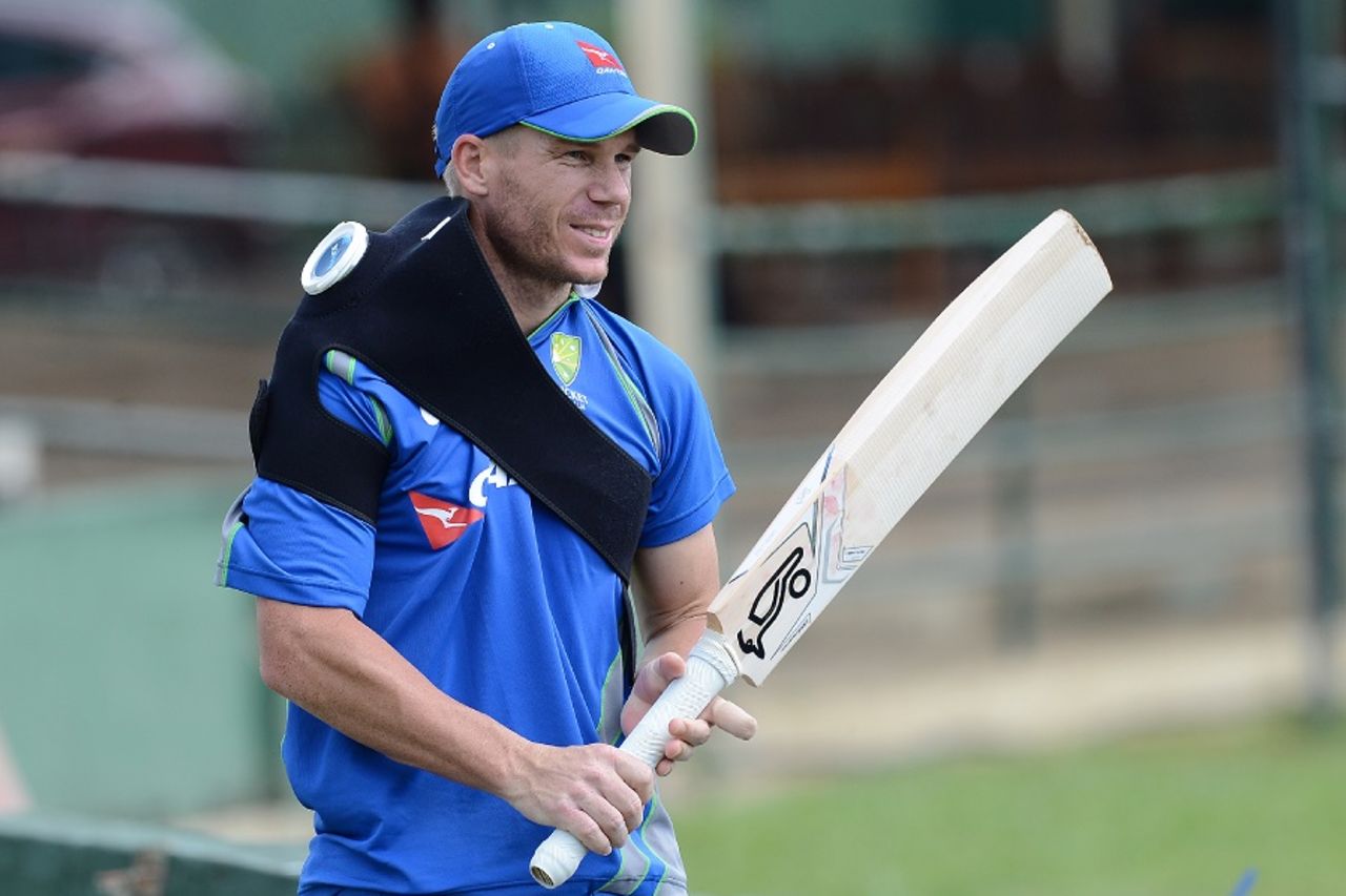 David Warner ices his shoulder during training, Colombo, July 17, 2016