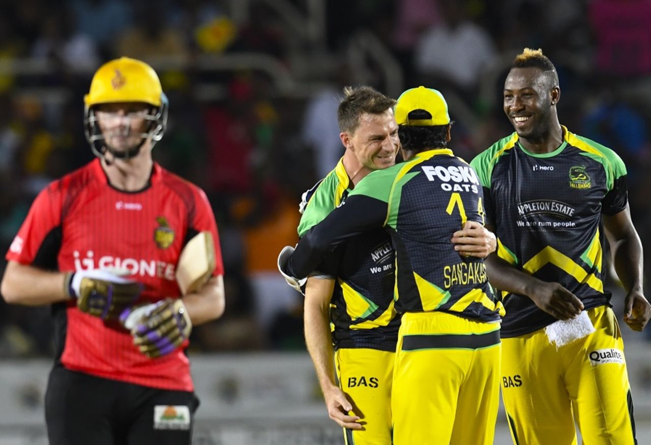 Dale Steyn celebrates a wicket with his team-mates, Jamaica Tallawahs v Trinbago Knight Riders, CPL 2016. Jamaica, July 18, 2016