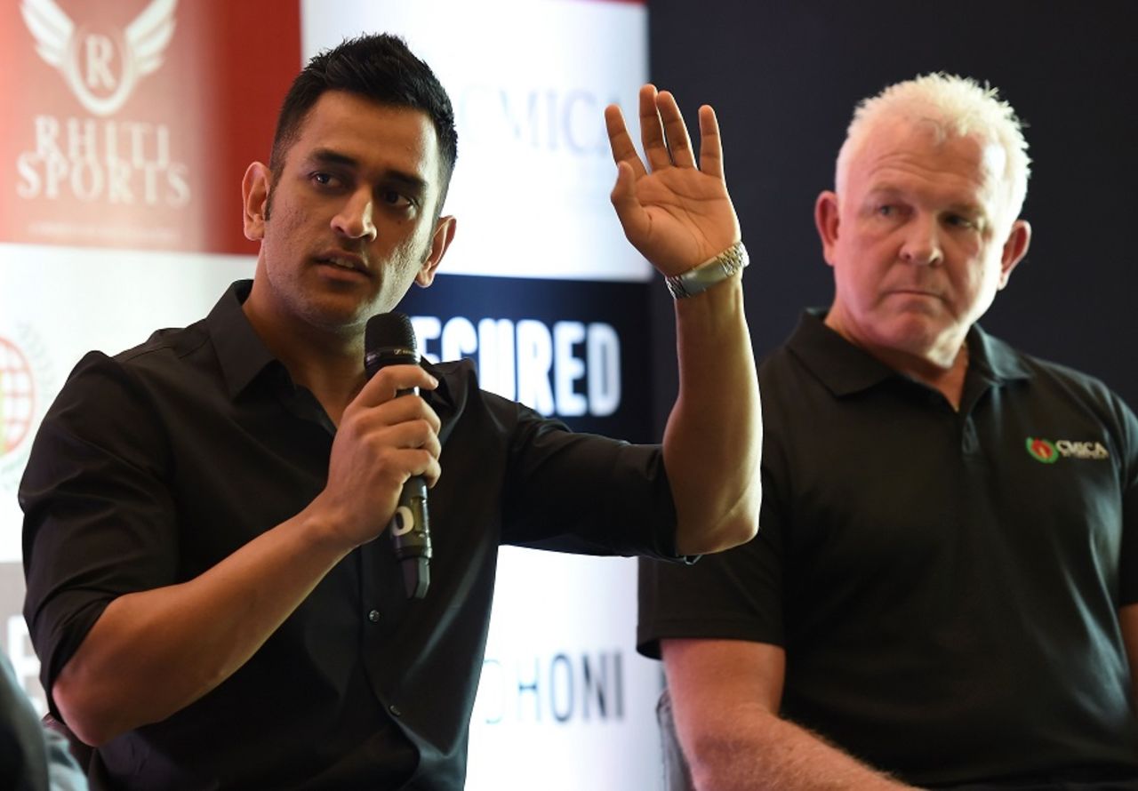 MS Dhoni with Craig McDermott at a promotional event in Delhi, Delhi, July 20, 2016