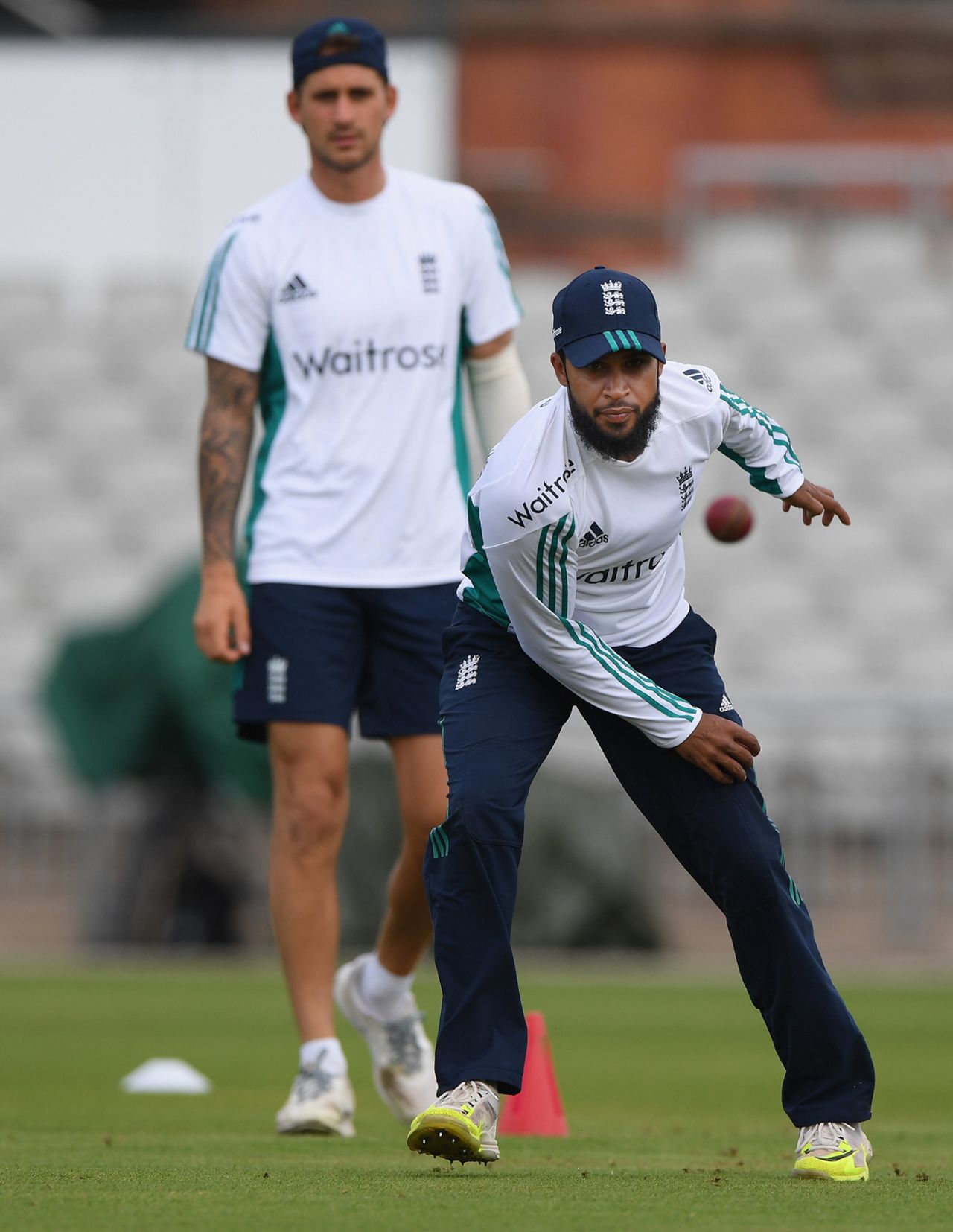 Adil Rashid practices the day before the Test, as Alex Hales looks on, Old Trafford, England v Pakistan, 2nd Investec Test, Old Trafford, July 21, 2016