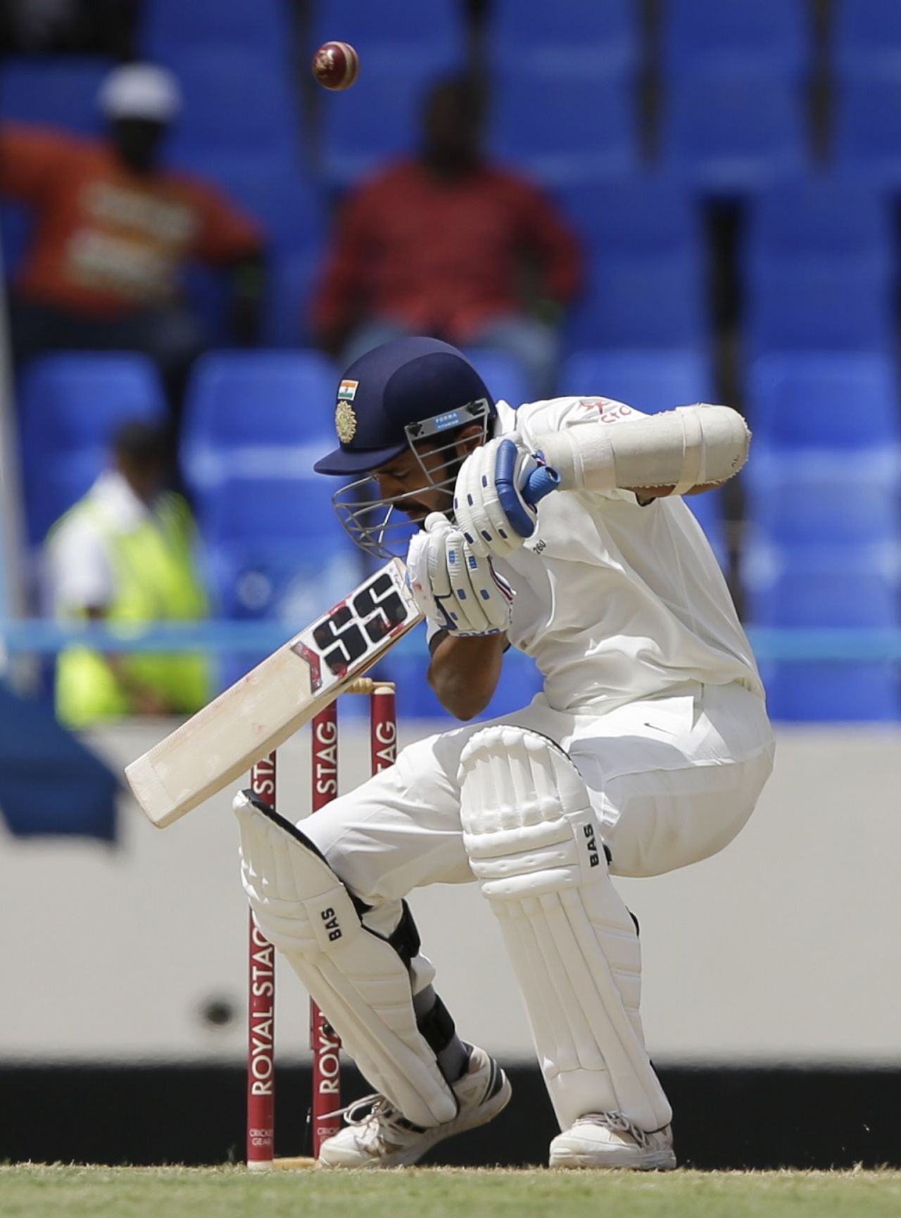 M Vijay takes evasive action in response to a bouncer, West Indies v India, 1st Test, Antigua, 1st day, July 21, 2016