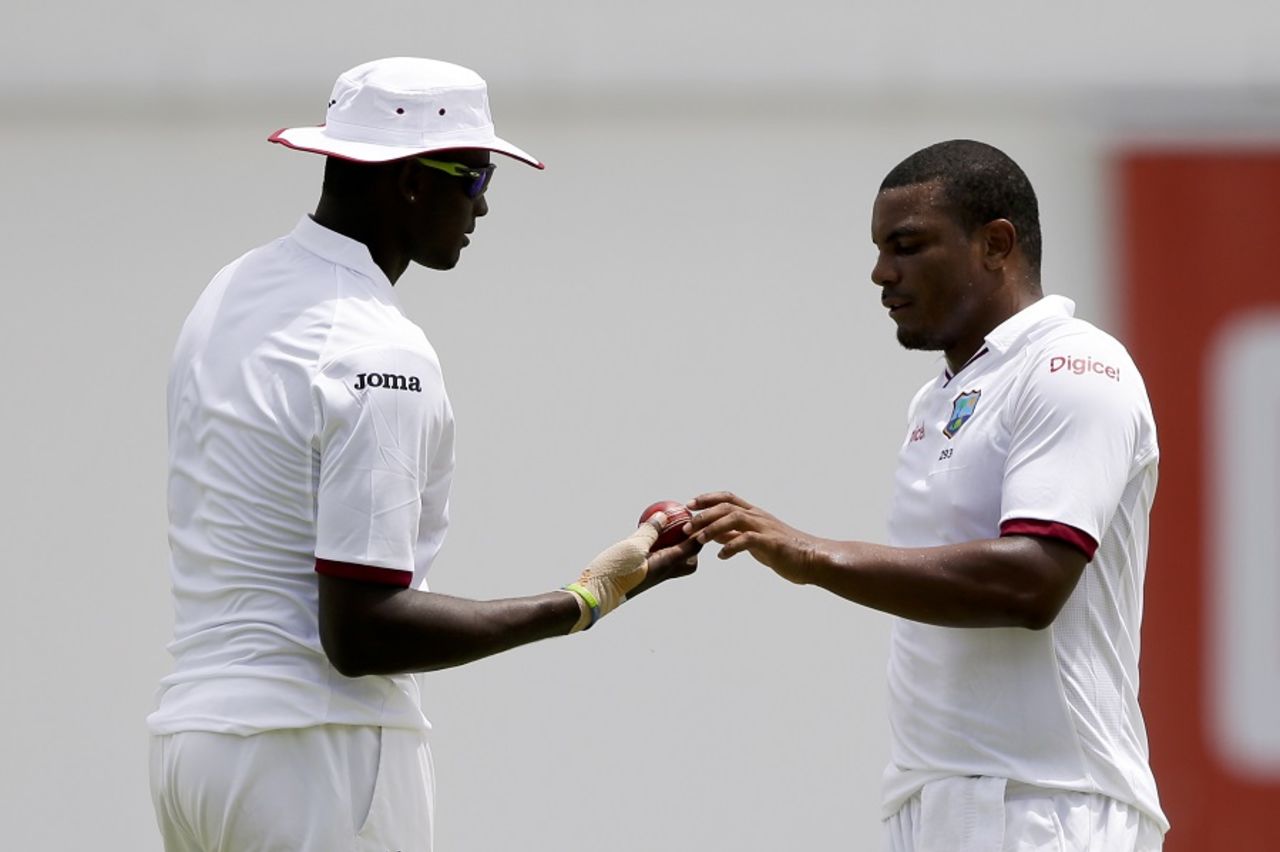 West Indies captain Jason Holder hands the ball to Shannon Gabriel, West Indies v India, 1st Test, Antigua, 1st day, July 21, 2016
