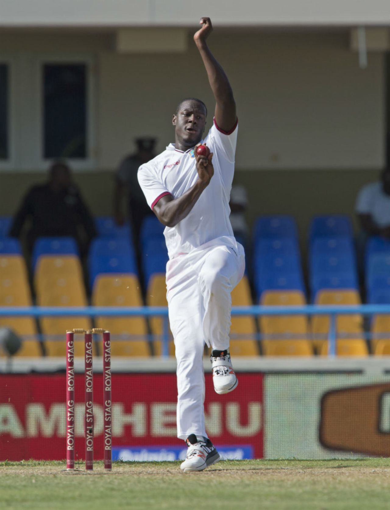 Carlos Brathwaite in his delivery stride , West Indies v India, 1st Test, Antigua, 1st day, July 21, 2016