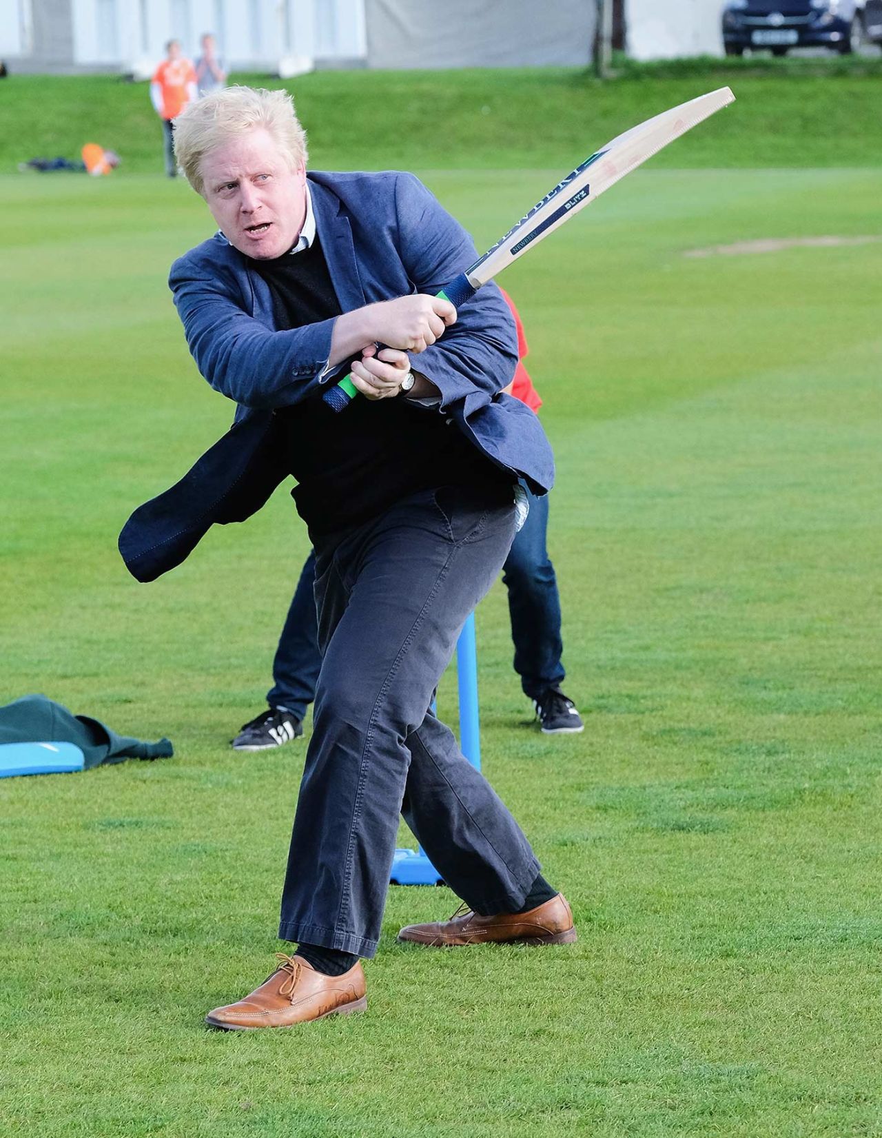 Boris Johnson bats during a visit to Chester-Le-Street Cricket Club, May 30, 2016