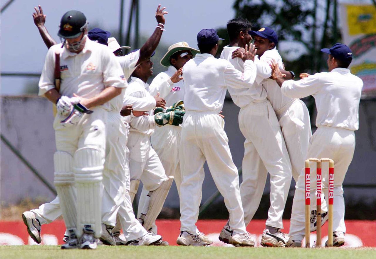 The Sri Lankans celebrate the dismissal of Steve Waugh, Sri Lanka v Australia, 1st Test, Kandy, 1st day, September 9, 1999