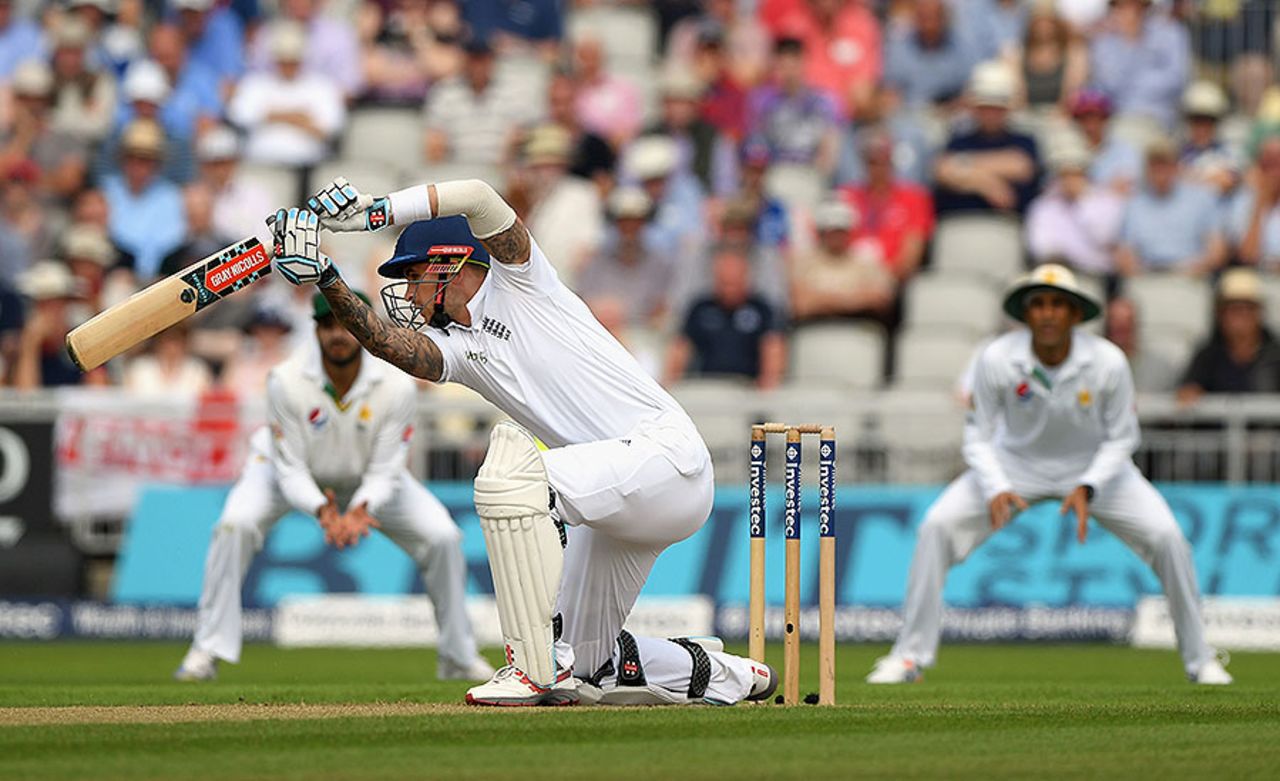 Alex Hales reaches for a cover drive, England v Pakistan, 2nd Investec Test, Old Trafford, 1st day, July 22, 2016