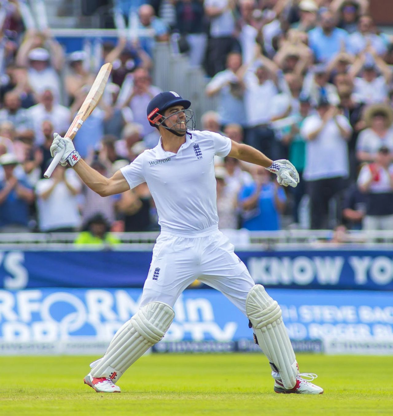 Alastair Cook celebrates his 29th Test hundred, England v Pakistan, 2nd Investec Test, Old Trafford, 1st day, July 22, 2016