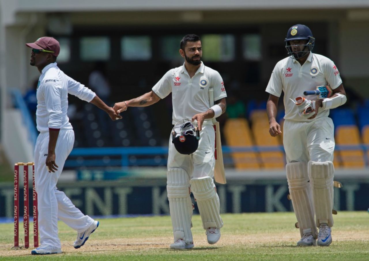 Darren Bravo congratulates Virat Kohli on his double ton, West Indies v India, 1st Test, Antigua, 2nd day, July 22, 2016