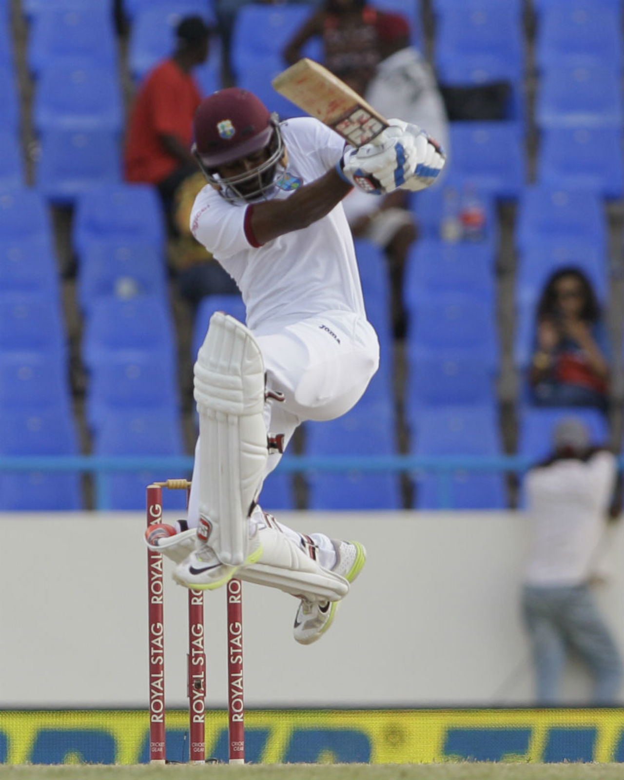 Rajendra Chandrika awkwardly tries to evade a short ball, West Indies v India, 1st Test, Antigua, 2nd day, July 22, 2016