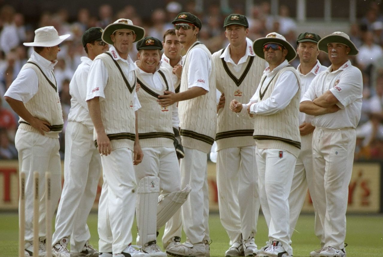 Australia wait for the third umpire's decision on Ian Healy's stumping of Mark Butcher, England v Australia, 3rd Test, Old Trafford, 5th day, July 7, 1997