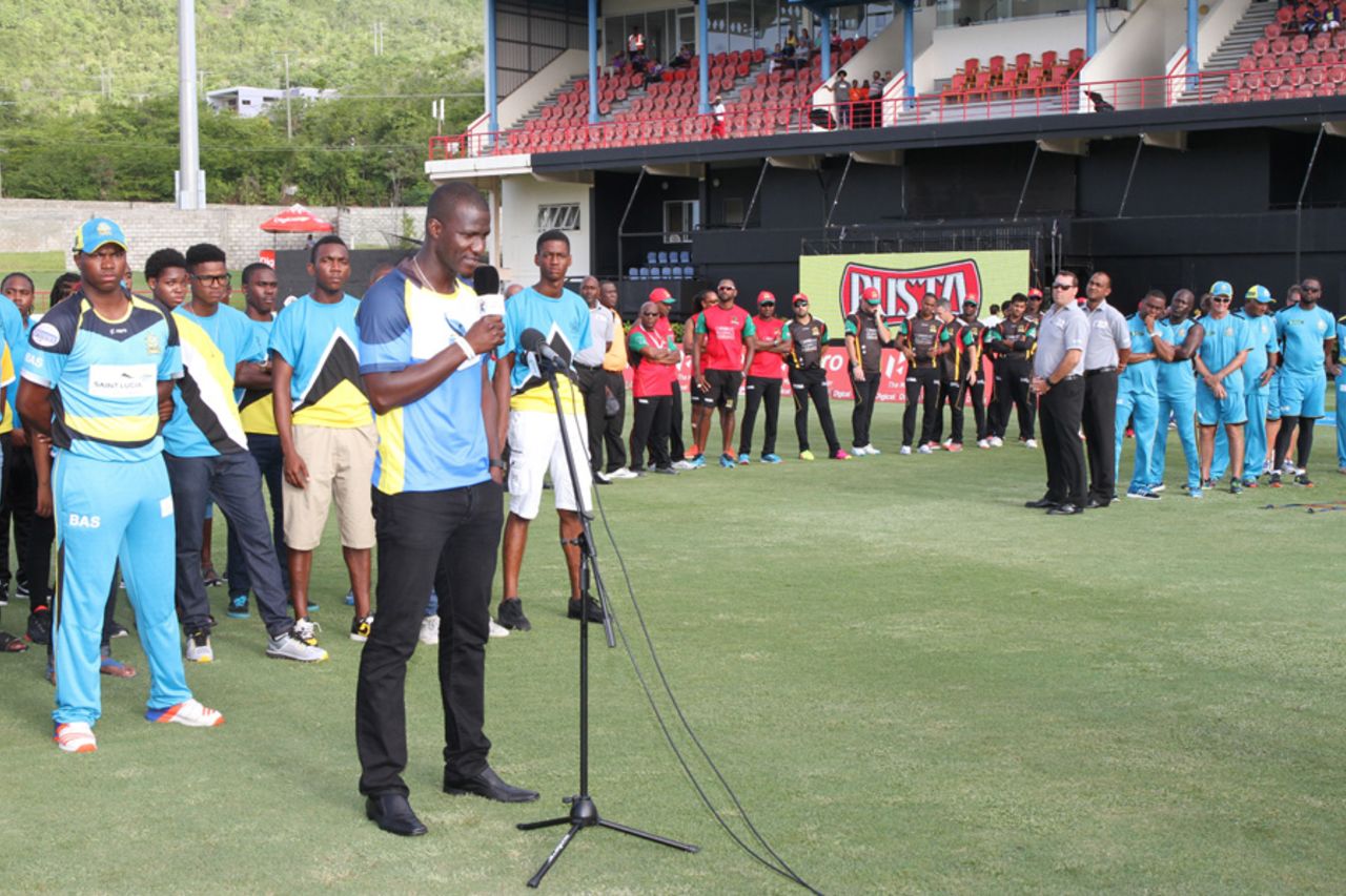 Darren Sammy says a few words to mark the renaming of Beausejour Stadium as Darren Sammy National Cricket Stadium, St Lucia, July 21, 2016