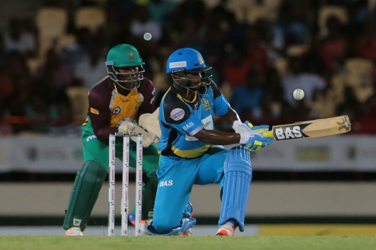 Johnson Charles looks to paddle sweep, St Lucia Zouks v Guyana Amazon Warriors, CPL, St Lucia, July 24, 2016