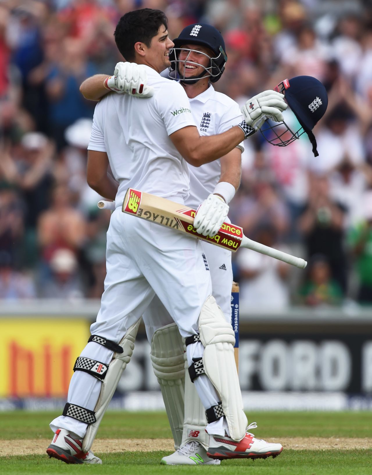 Alastair Cook gets a hug from Joe Root after notching a century, England v Pakistan, 2nd Investec Test, Old Trafford, 1st day, July 22, 2016