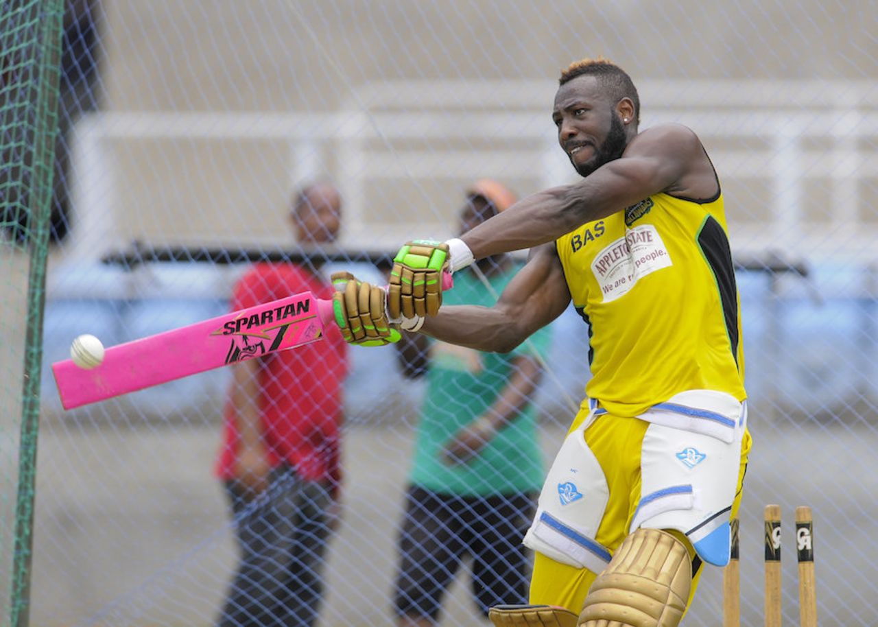 Andre Russell hits one out in the nets with a pink bat, CPL 2016, Kingston, July 14, 2016