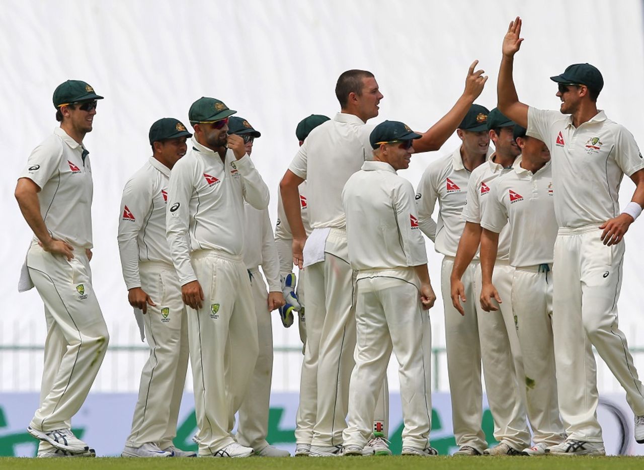 Josh Hazlewood is mobbed by his team-mates, Sri Lanka v Australia, 1st Test, Pallekele, 1st day, July 26, 2016