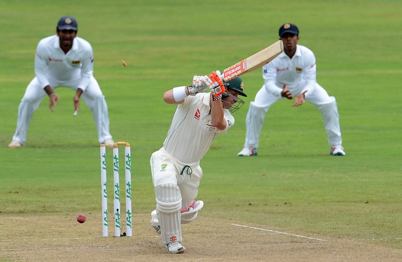 David Warner's inside-edged drive sent the leg bail flying, Sri Lanka v Australia, 1st Test, Pallekele, 1st day, July 26, 2016
