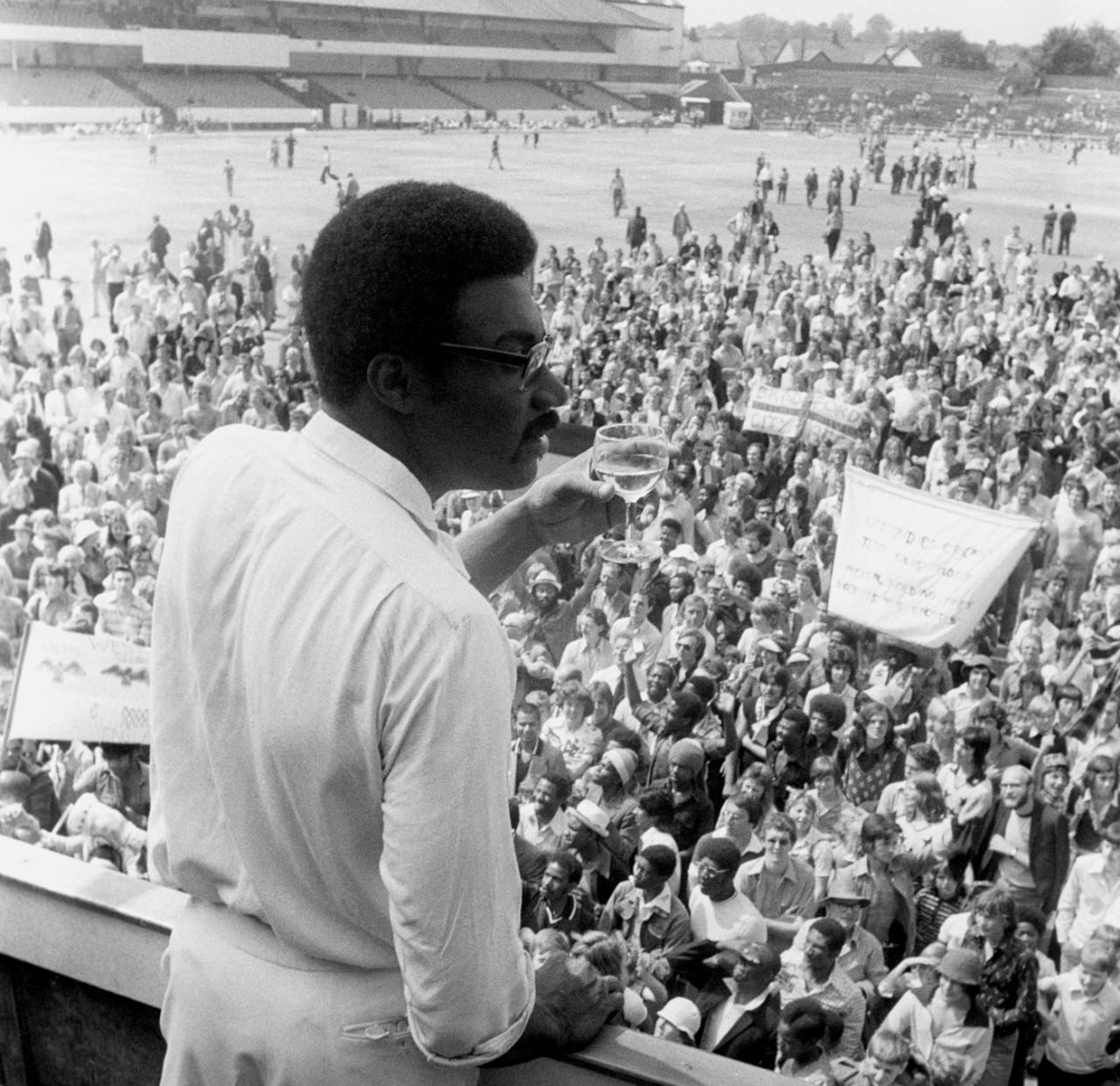 Clive Lloyd raises a toast to the crowd, England v West Indies, 4th Test, Headingley, 5th day, July 27, 1976