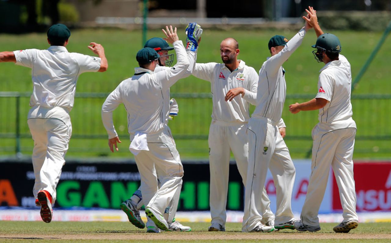 Nathan Lyon celebrates dismissing Angelo Mathews, Sri Lanka v Australia, 1st Test, Pallekele, 3rd day, July 28, 2016
