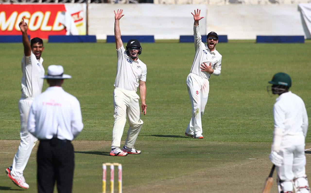 Ish Sodhi and New Zealand's close-in fielders go up in appeal, Zimbabwe v New Zealand, 1st Test, Bulawayo, 1st day, July 28, 2016