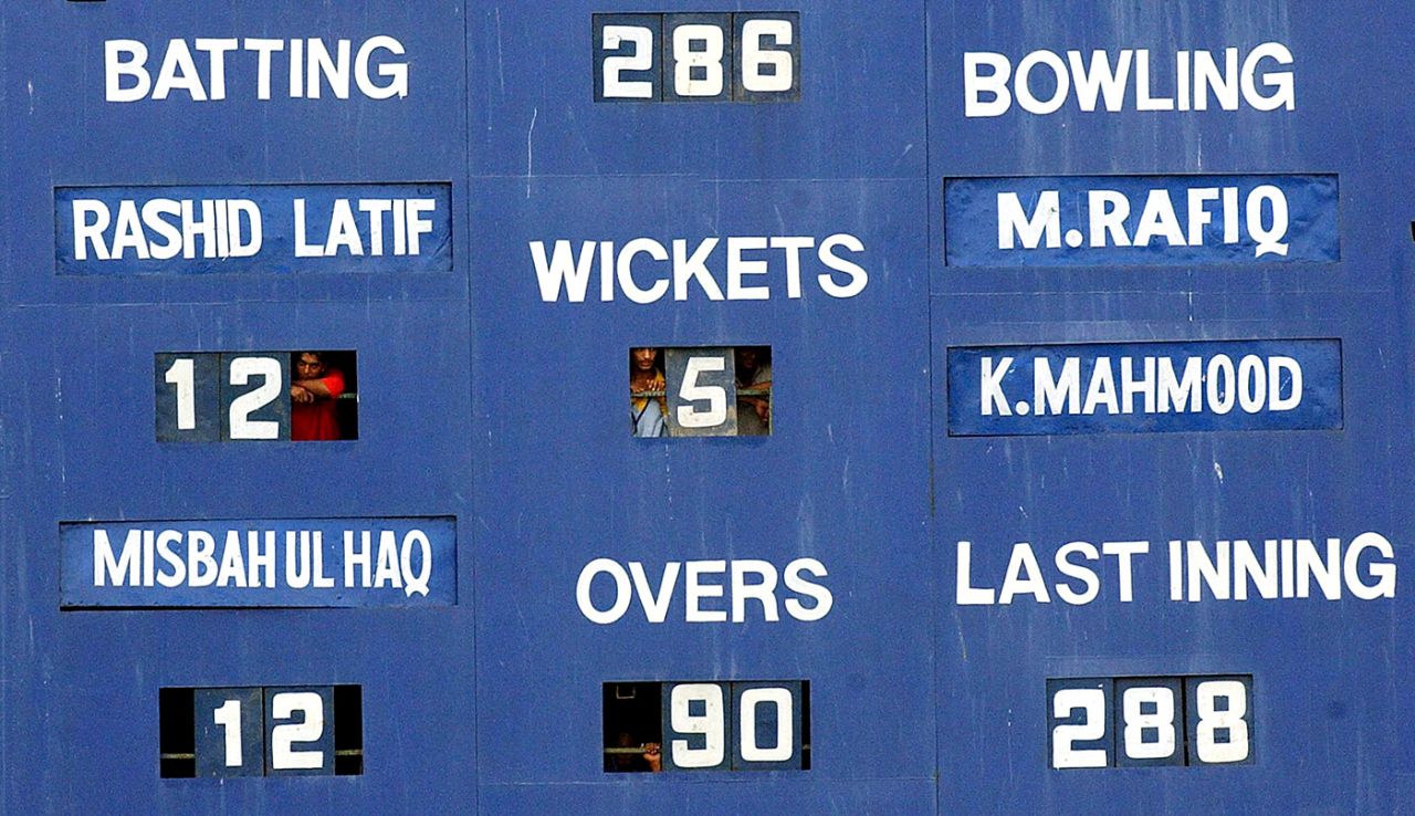 The scoreboard attendants watch the second day's play, Pakistan v Bangladesh, 1st Test, Karachi, 2nd day, August 21, 2003