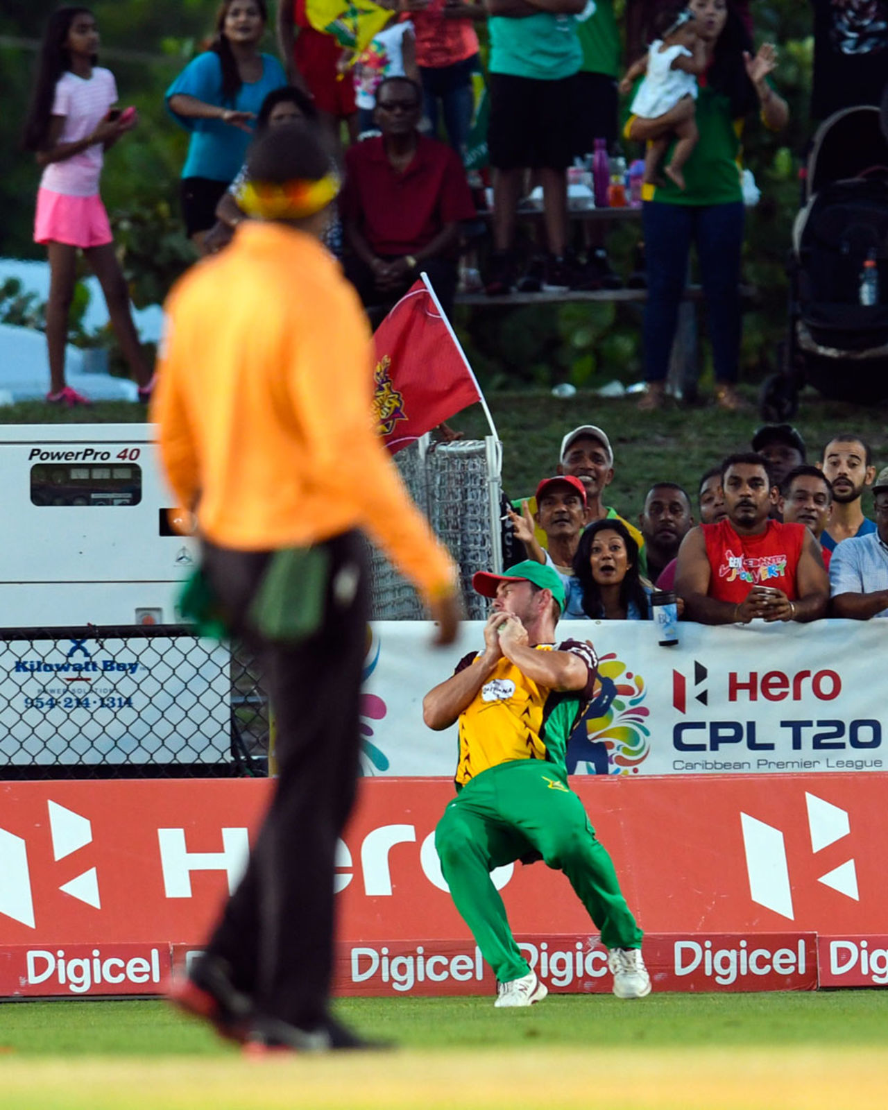 The crowd watches intently as Chris Lynn holds on to a catch, Barbados Tridents v Guyana Amazon Warriors, CPL 2016, Lauderhill, July 28, 2016