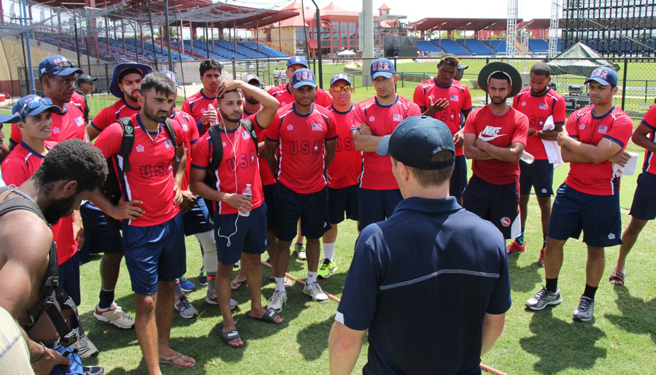 Tom Evans speaks to USA players shortly after squad to play CPL XI is announced, USA training camp, Lauderhill, July 28, 2016