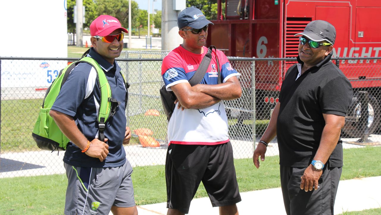 Anand Tummala (left) and Pubudu Dassanayake (right) help out as guest coaches in Florida, USA training camp, Lauderhill, July 28, 2016