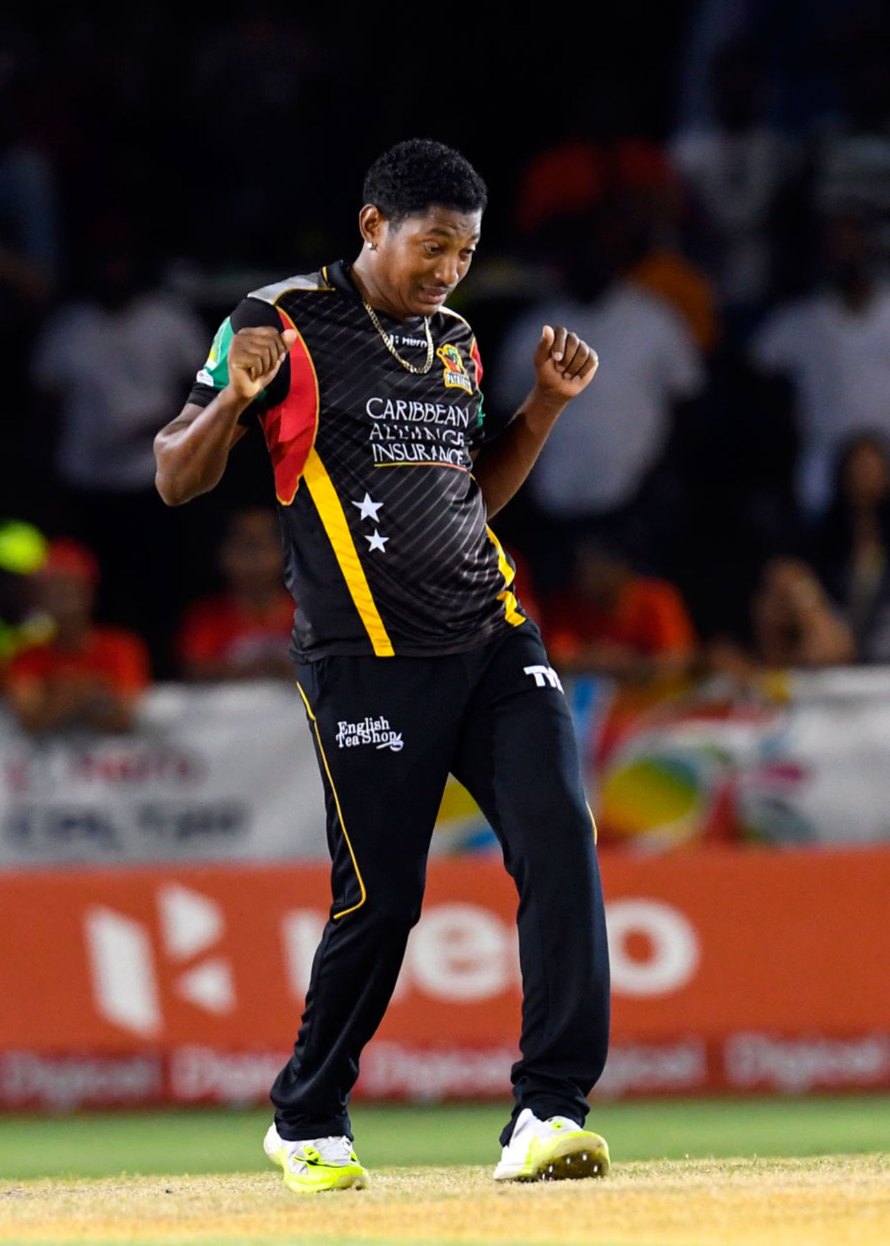 Krishmar Santokie gets his groove on after bagging a wicket, St Kitts & Nevis Patriots v Trinbago Knight Riders, CPL 2016, Lauderhill, July 29, 2016