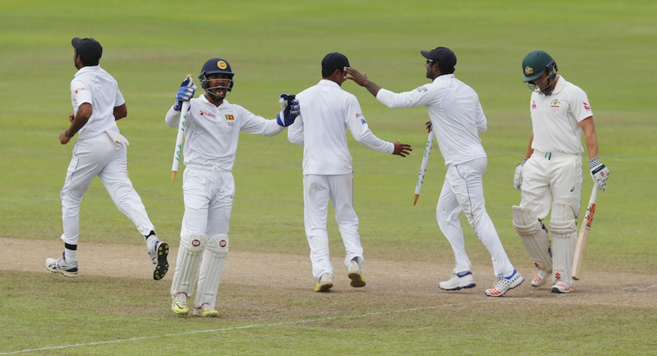 Sri Lanka players are delighted after securing their second ever Test win over Australia, Sri Lanka v Australia, 1st Test, Pallekele, 5th day, July 30, 2016