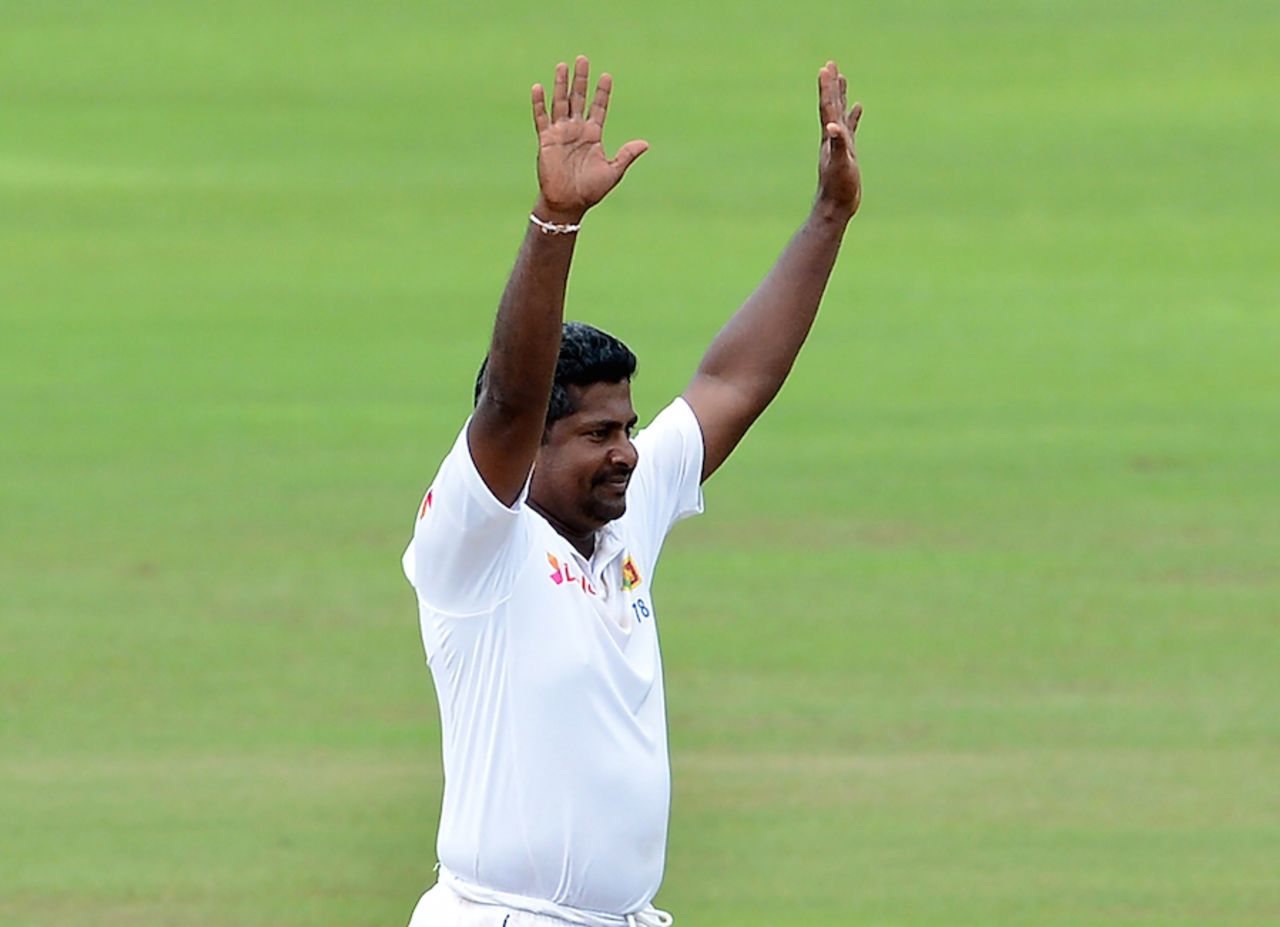 Rangana Herath celebrates after dismissing Steve O'Keefe, Sri Lanka v Australia, 1st Test, Pallekele, 5th day, July 30, 2016