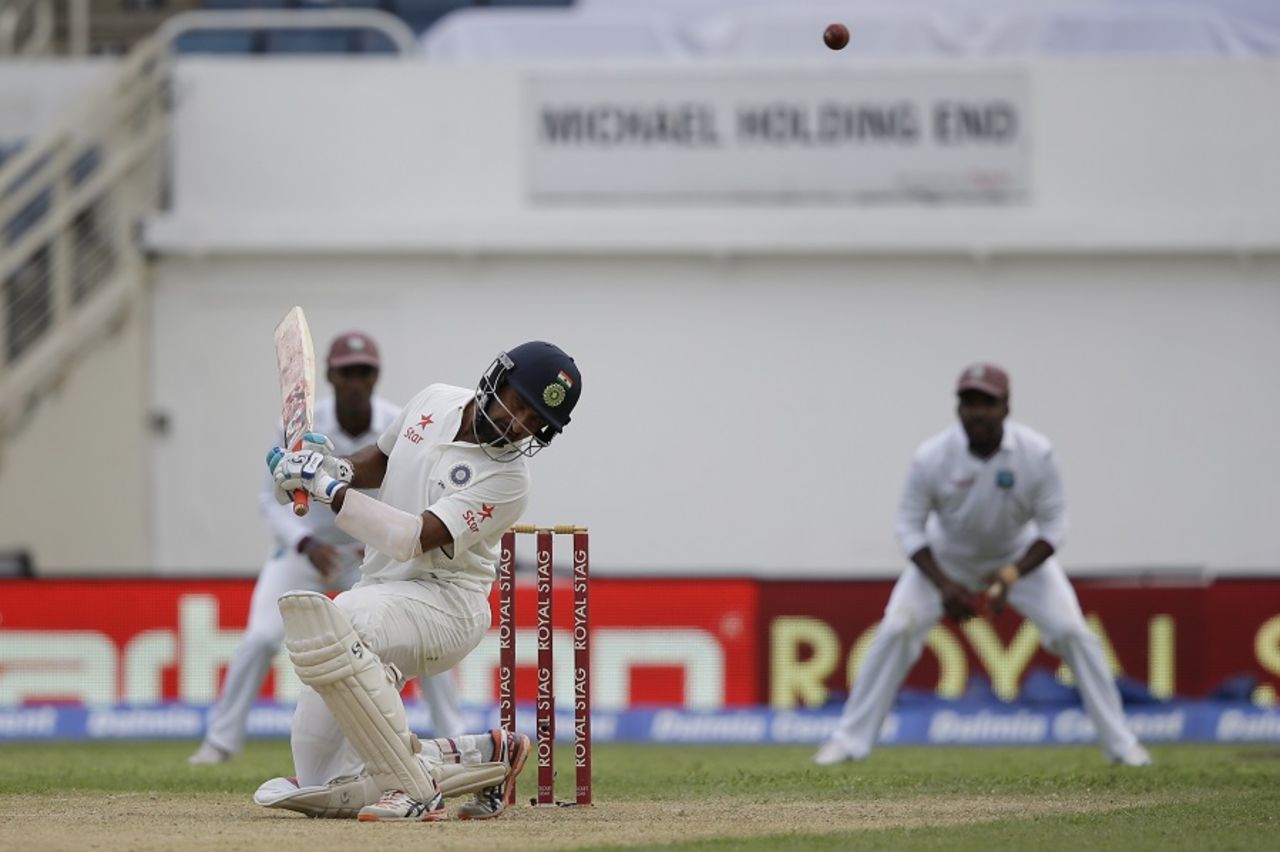 Cheteshwar Pujara evades a bouncer, West Indies v India, 2nd Test, Kingston, 1st day, July 30, 2016